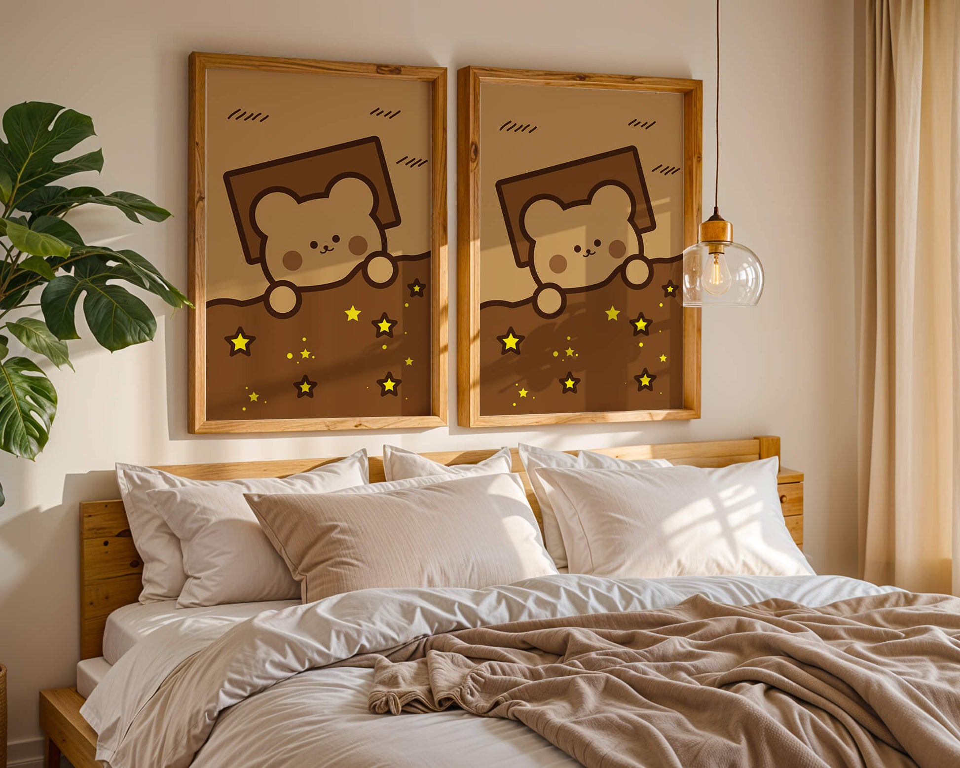 Adorable bear peeking out from a blanket with stars illustration