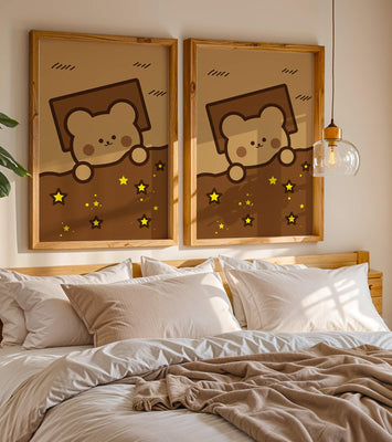 Adorable bear peeking out from a blanket with stars illustration