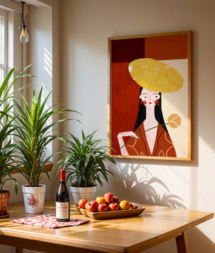 Elegant Woman with a Gold Hat and a Flower on a Red Background - Mi tienda