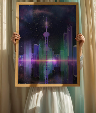 Futuristische Skyline mit leuchtenden Türmen unter sternenklarer Nacht