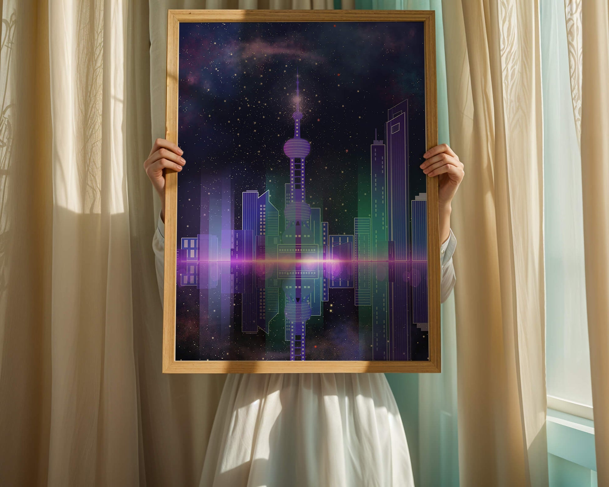 Futuristische Skyline mit leuchtenden Türmen unter sternenklarer Nacht