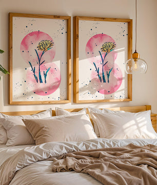 Abstract Floral Design with Pink Circles and Yellow Flower on White Background