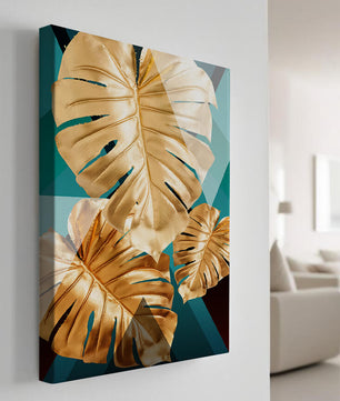 Blätter der Goldenen Monstera auf geometrischem Hintergrund