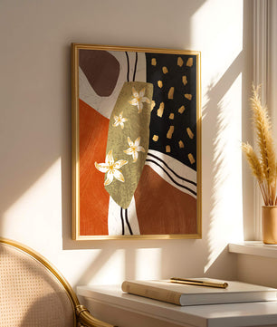 Abstract floral artwork with gold accents and earthy tones