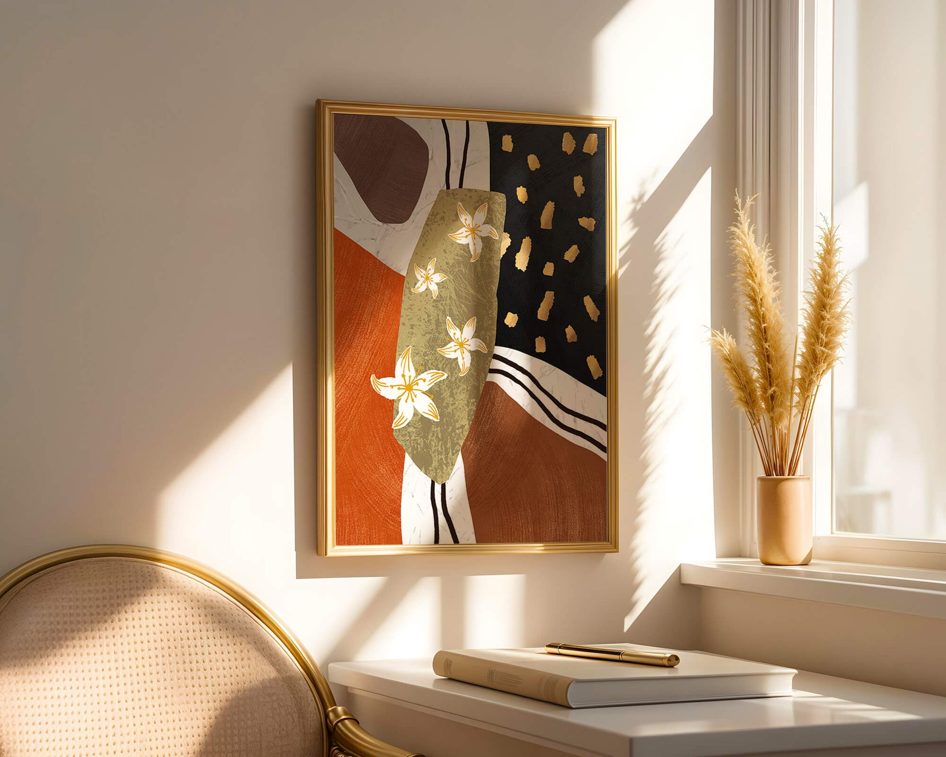 Abstract floral artwork with gold accents and earthy tones
