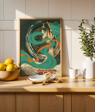 Elegant depiction of traditional musical culture with vibrant flowing ribbons and intricate patterns