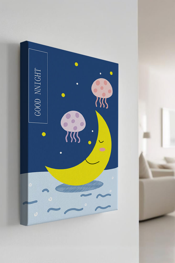 Whimsical night scene with a smiling moon and playful jellyfish