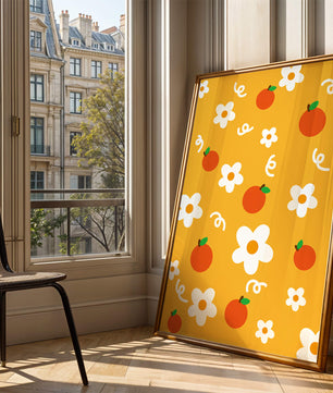 Playful floral and fruity pattern on a vibrant yellow background