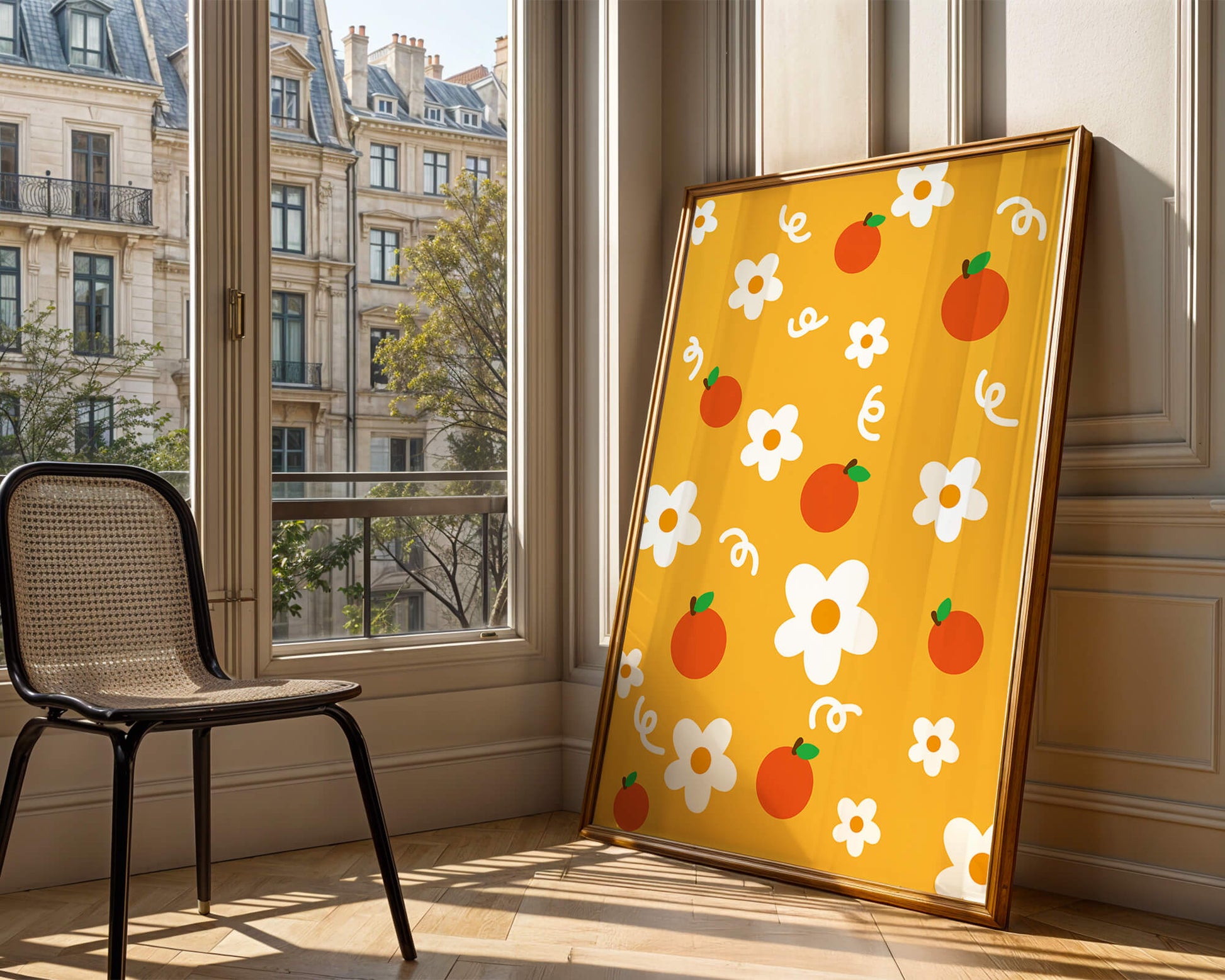 Playful floral and fruity pattern on a vibrant yellow background