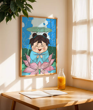 Whimsical illustration of a joyful child with lotus and umbrella
