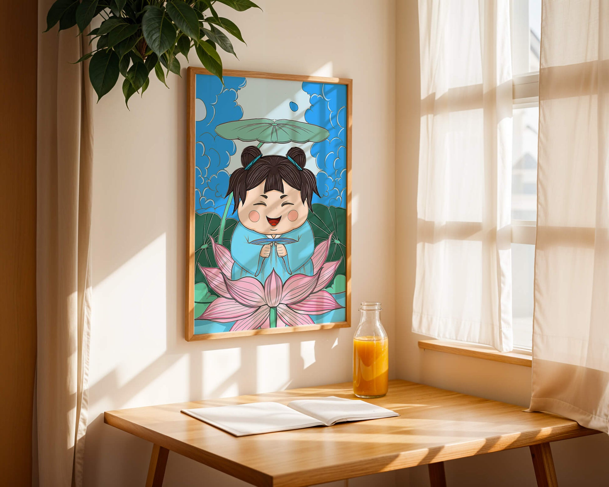 Whimsical illustration of a joyful child with lotus and umbrella