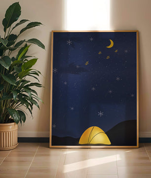 Camping Under Night Sky with Stars and Crescent Moon