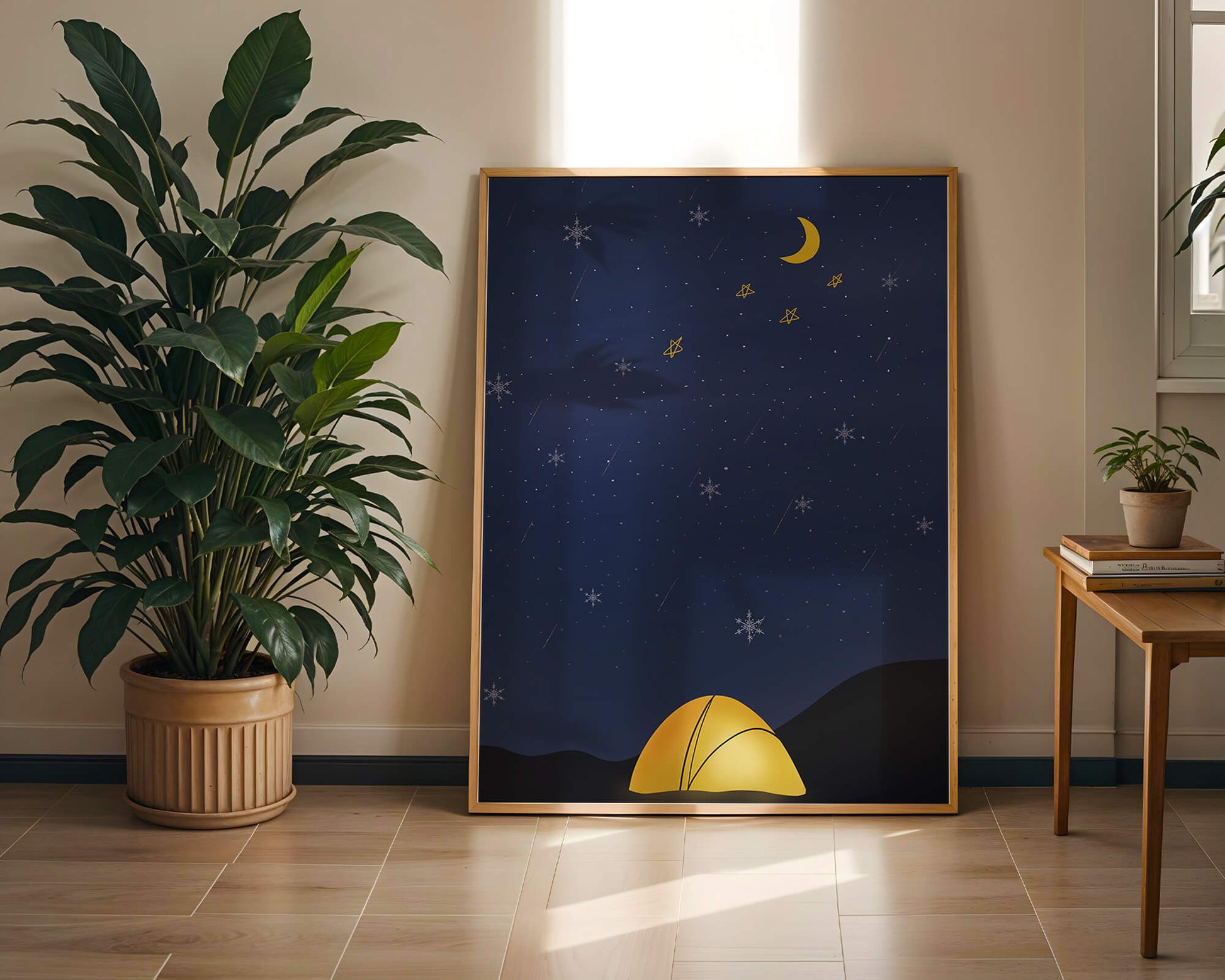 Camping Under Night Sky with Stars and Crescent Moon