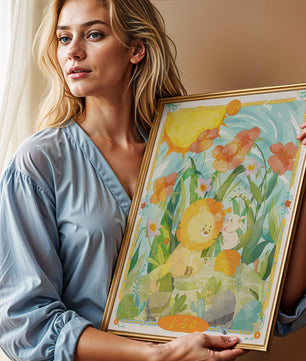 Charming watercolor illustration of lion and rabbit in a vibrant floral landscape