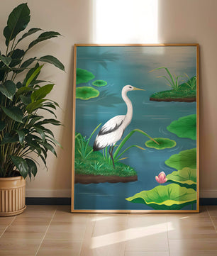Serene wetland scene with white crane and water lilies