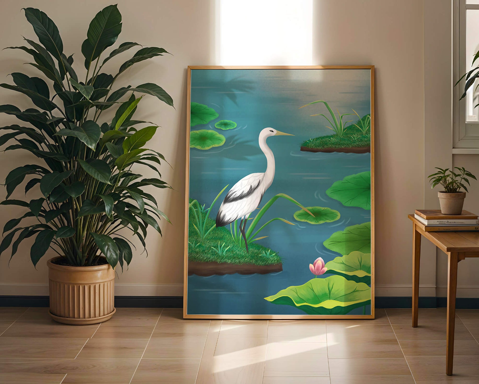 Serene wetland scene with white crane and water lilies