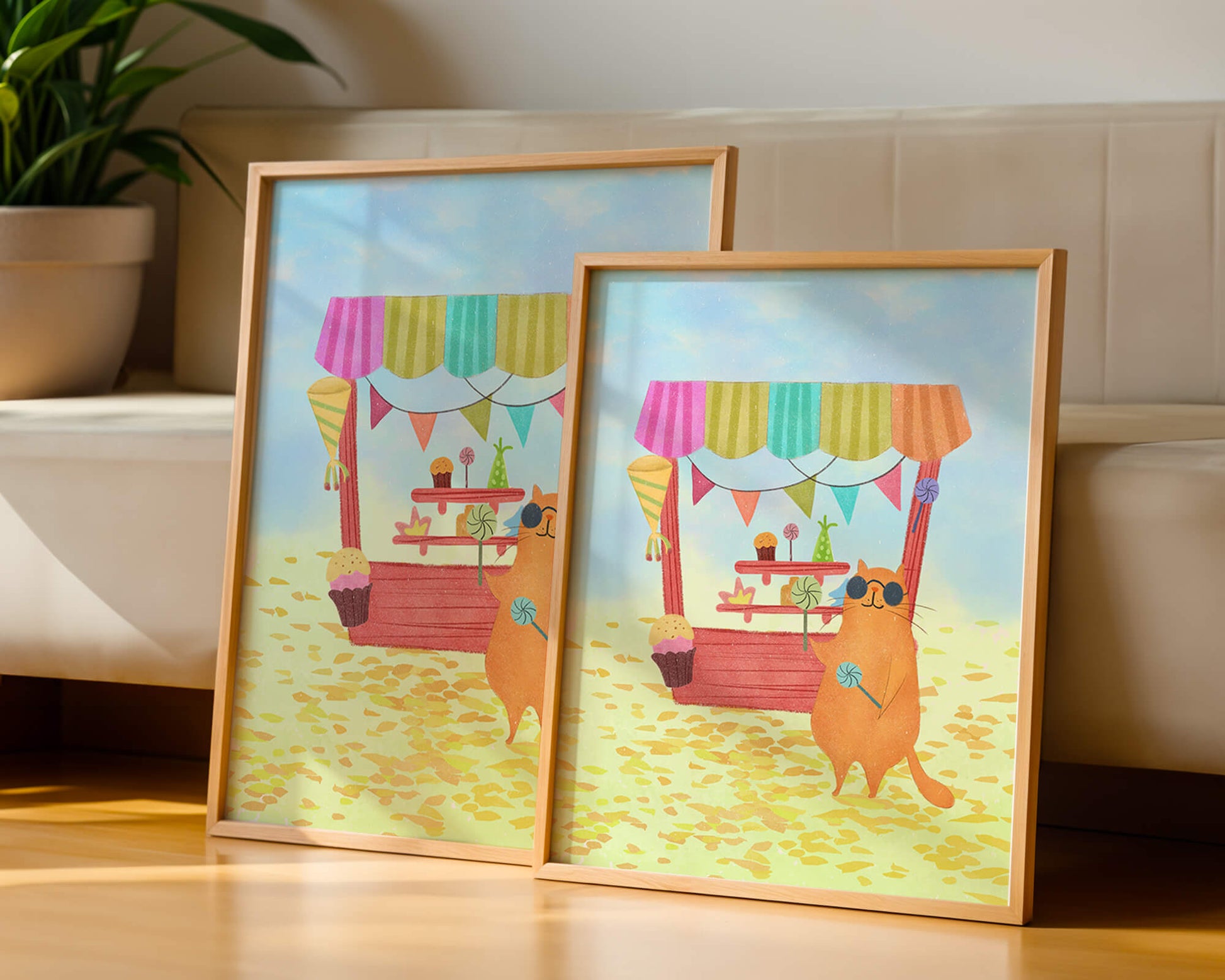 Illustrated Cat with Sunglasses at a Colorful Candy Stand