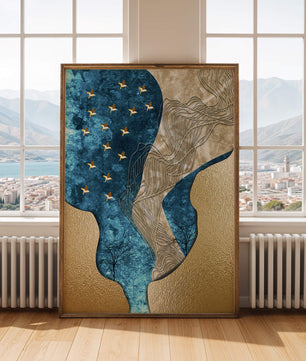 Paisaje texturizado abstracto con elementos dorados y azules