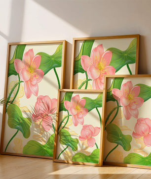 Illustration of pink lotus flowers with green leaves on a pastel background