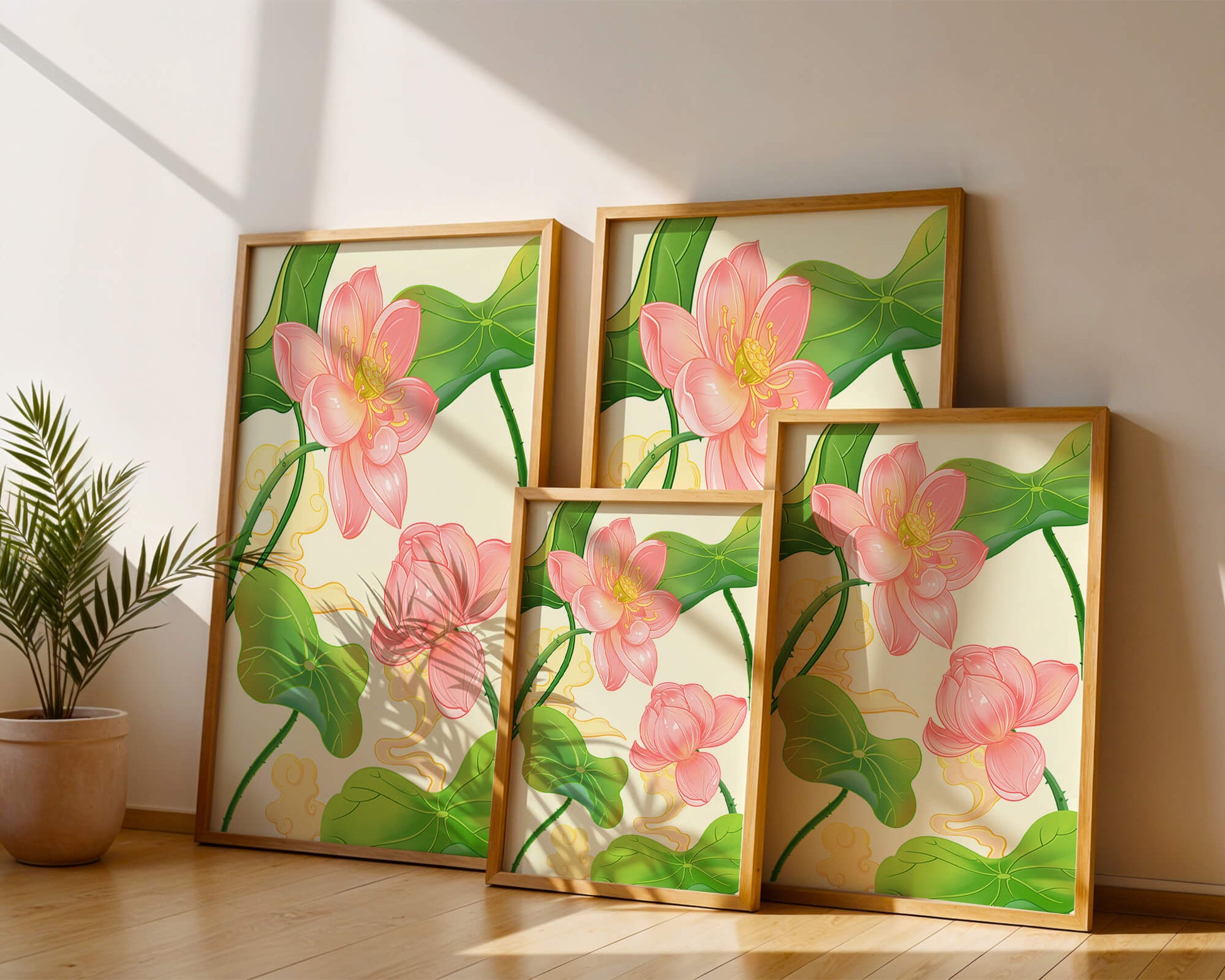 Illustration of pink lotus flowers with green leaves on a pastel background