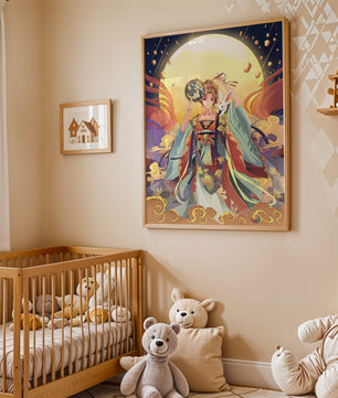 Elegant fantasy illustration with celestial elements and rabbit