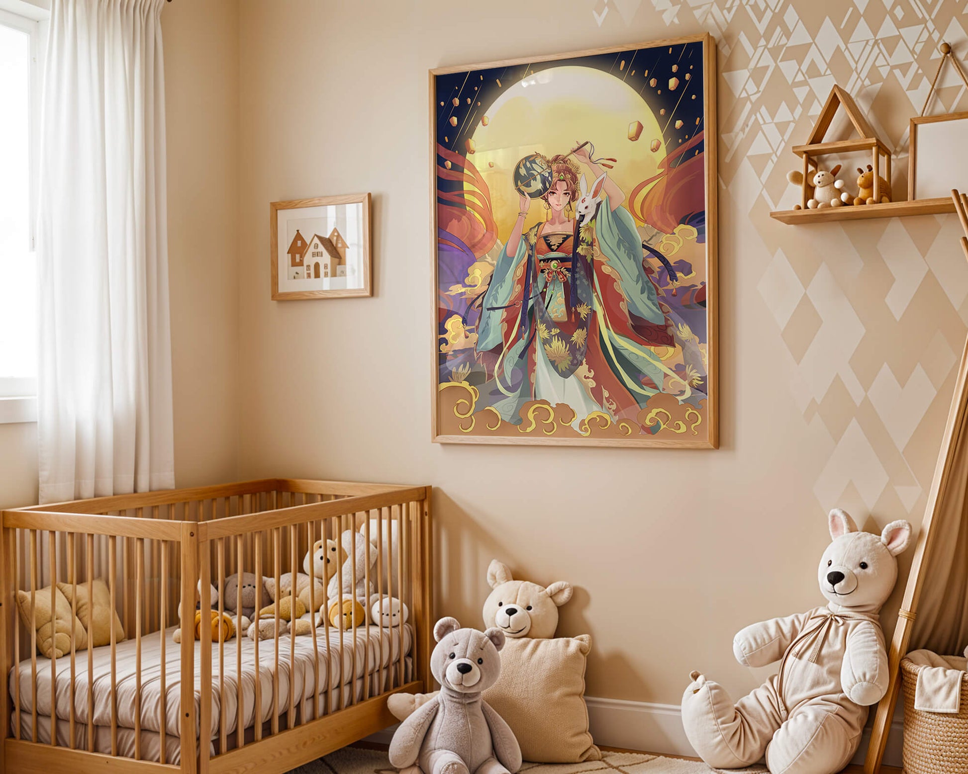 Elegant fantasy illustration with celestial elements and rabbit