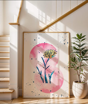 Abstract Floral Design with Pink Circles and Yellow Flower on White Background