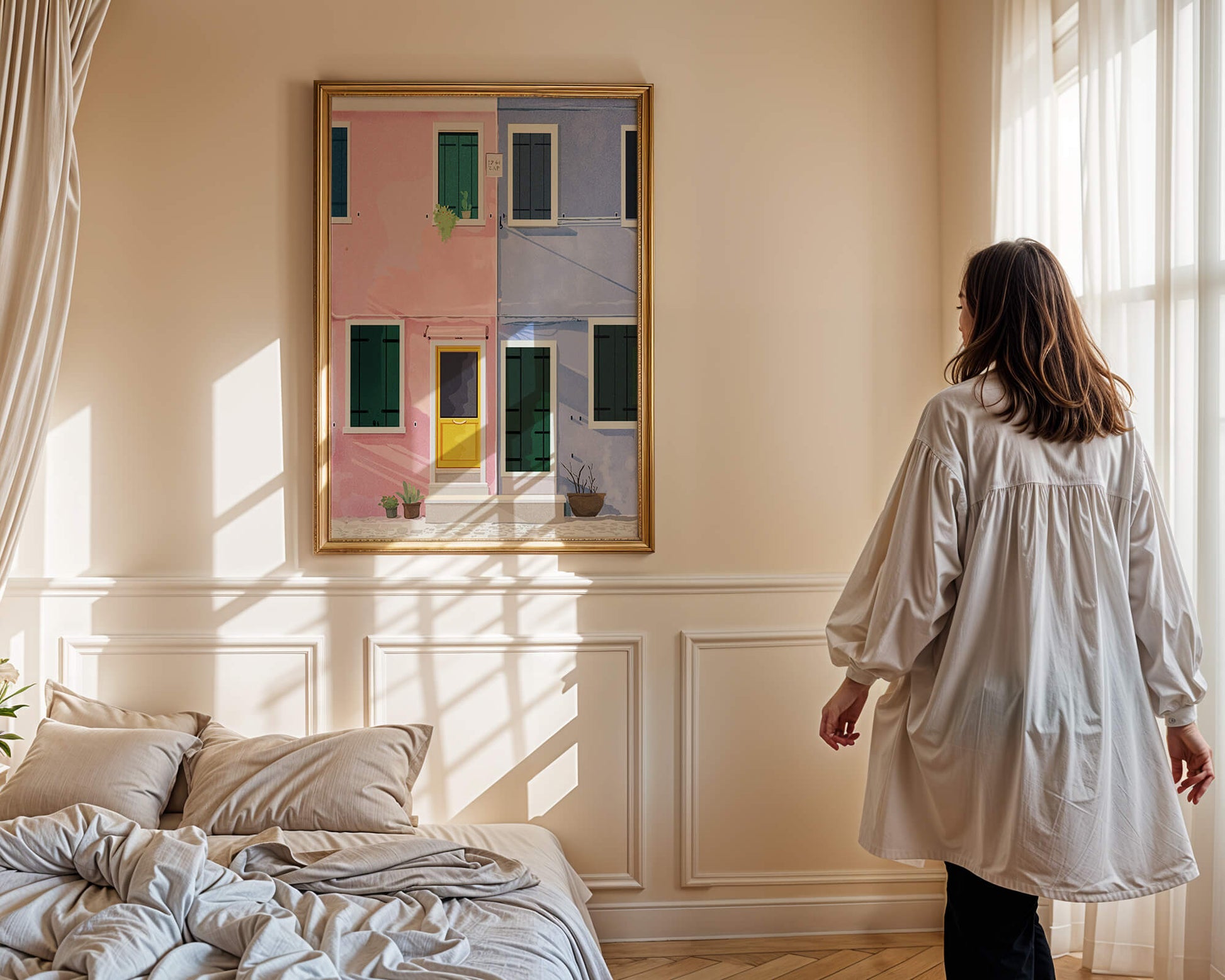 Charming pastel houses with colorful doors and windows