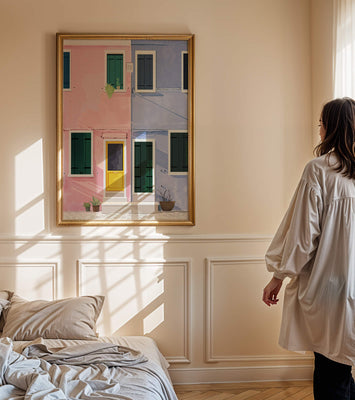 Charming pastel houses with colorful doors and windows