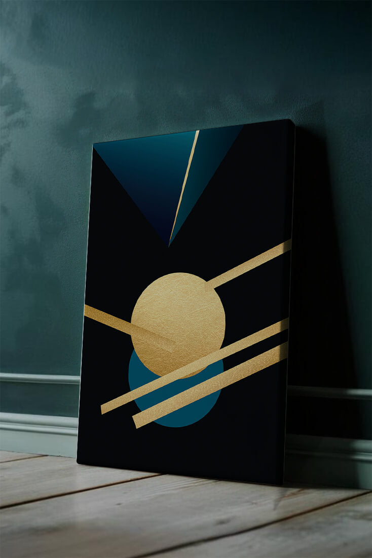 Abstract Geometric Composition with Gold and Blue Elements
