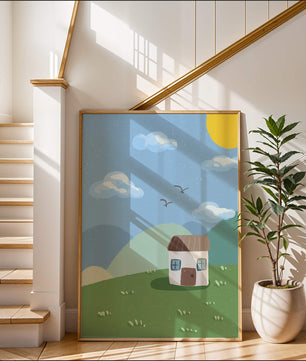 Illustration of a small house on a sunny hillside with clouds in a blue sky