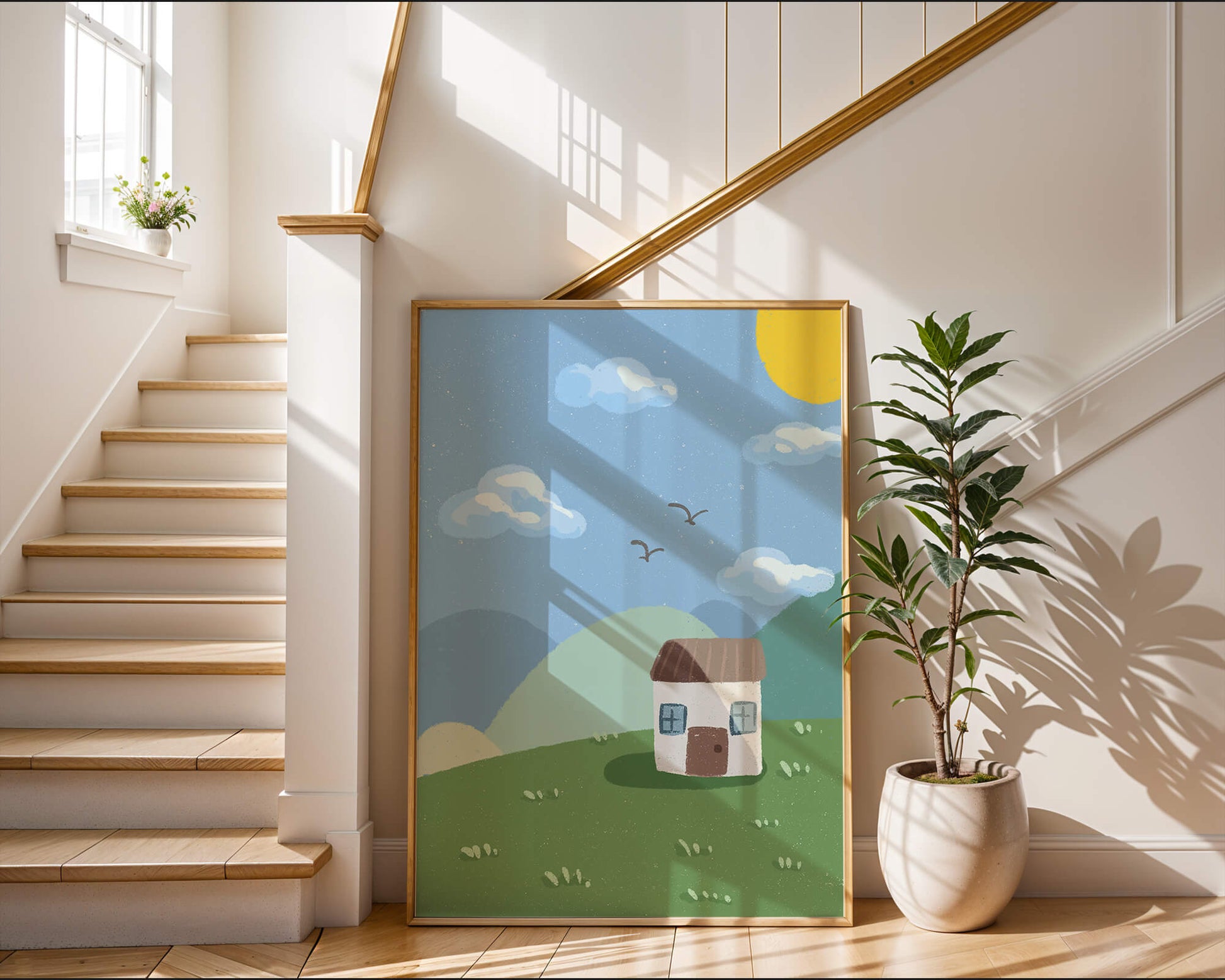Illustration of a small house on a sunny hillside with clouds in a blue sky