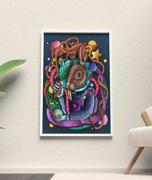 Ilustración abstracta colorida de un conejo en el espacio con pulpo, planetas y zanahoria