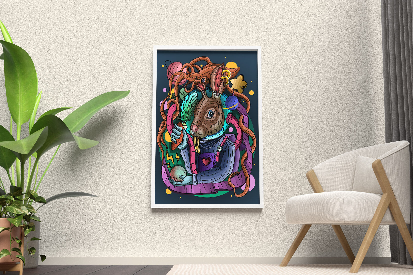 Ilustración abstracta colorida de un conejo en el espacio con pulpo, planetas y zanahoria.