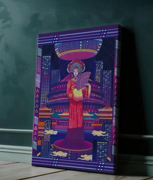 Futuristic Asian Inspired Artwork with Neon Colors and Geisha in Traditional Attire