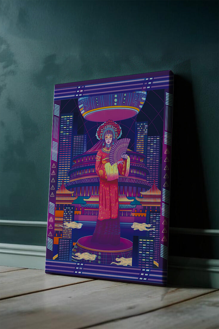 Futuristic Asian Inspired Artwork with Neon Colors and Geisha in Traditional Attire