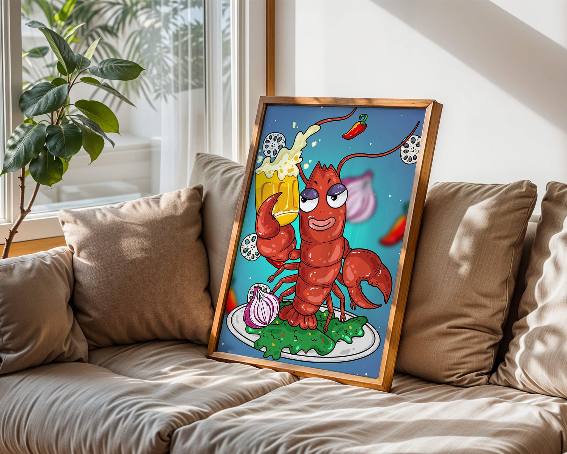 Playful cartoon lobster holding a beer in a whimsical setting