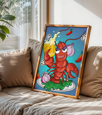 Playful cartoon lobster holding a beer in a whimsical setting