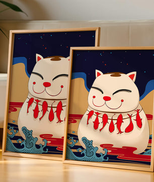 Japanese Lucky Cat with Fish Design in a Surreal Landscape