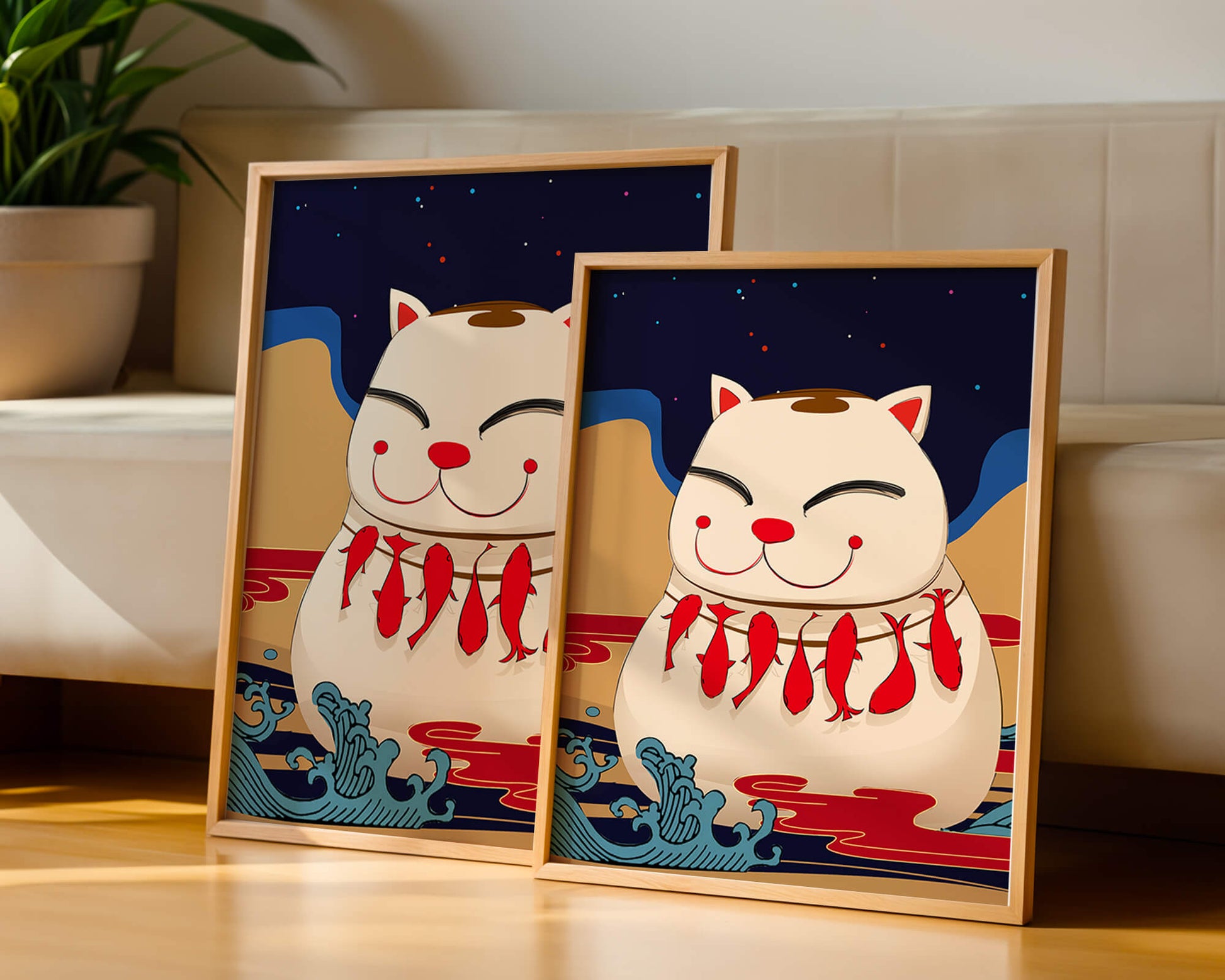 Japanese Lucky Cat with Fish Design in a Surreal Landscape