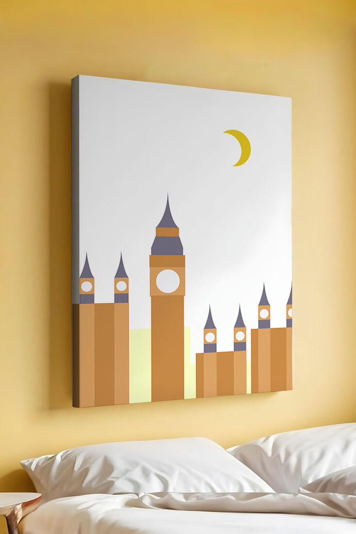 Minimalist illustration of iconic clock tower with crescent moon