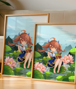 Chica de anime sentada en hojas de lirio con montañas al fondo
