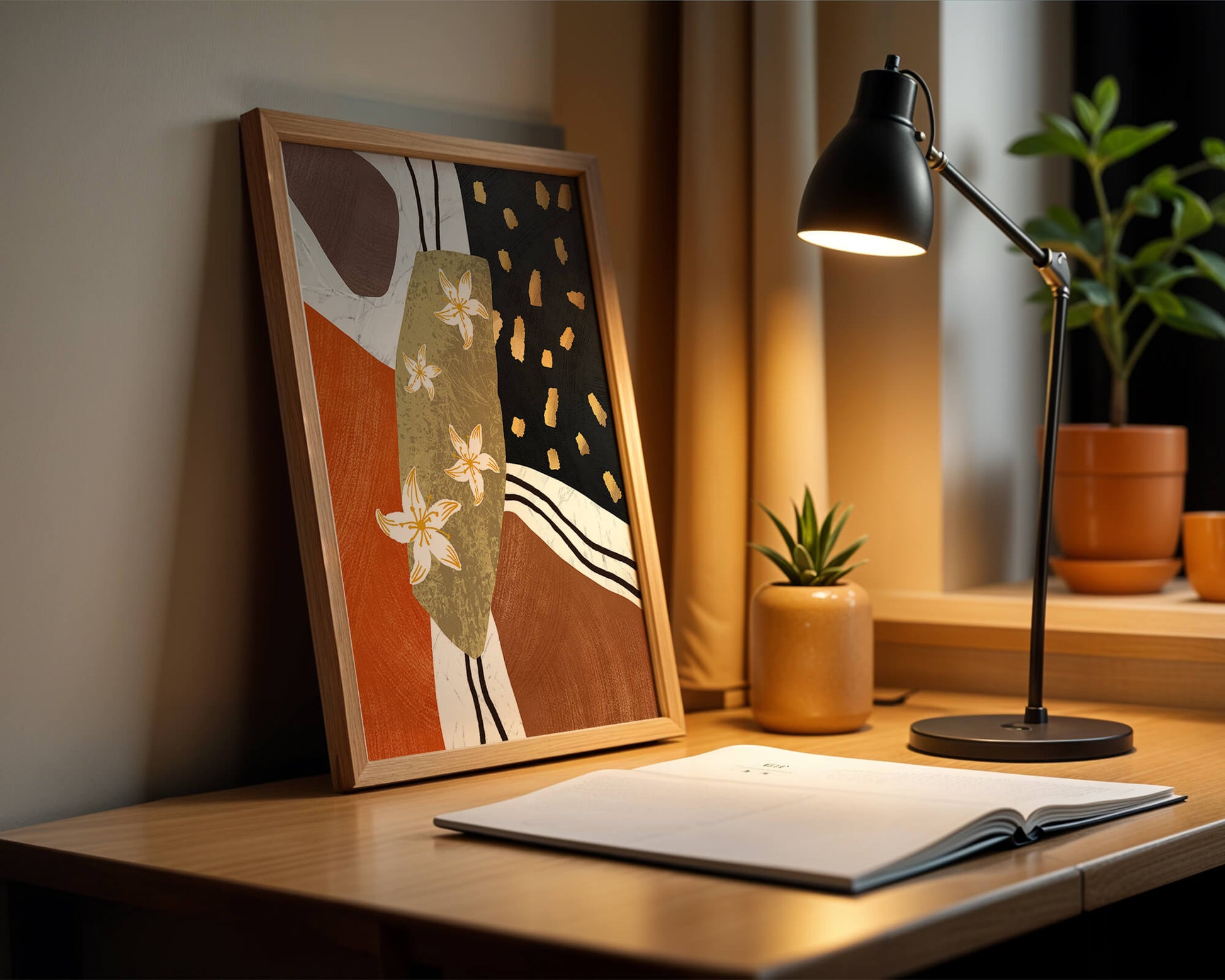 Abstract floral artwork with gold accents and earthy tones