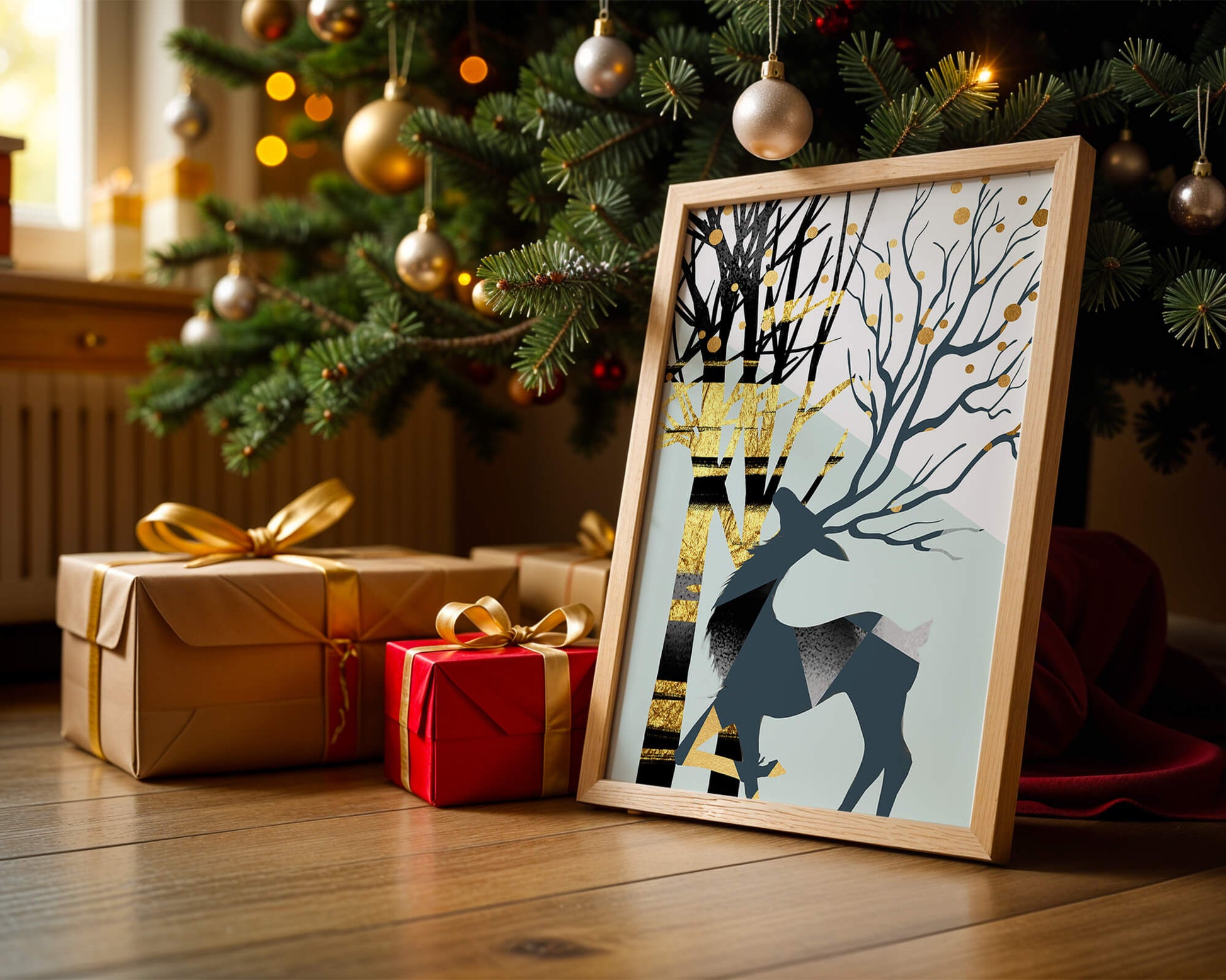Abstract Deer Silhouette with Golden Accents and Trees