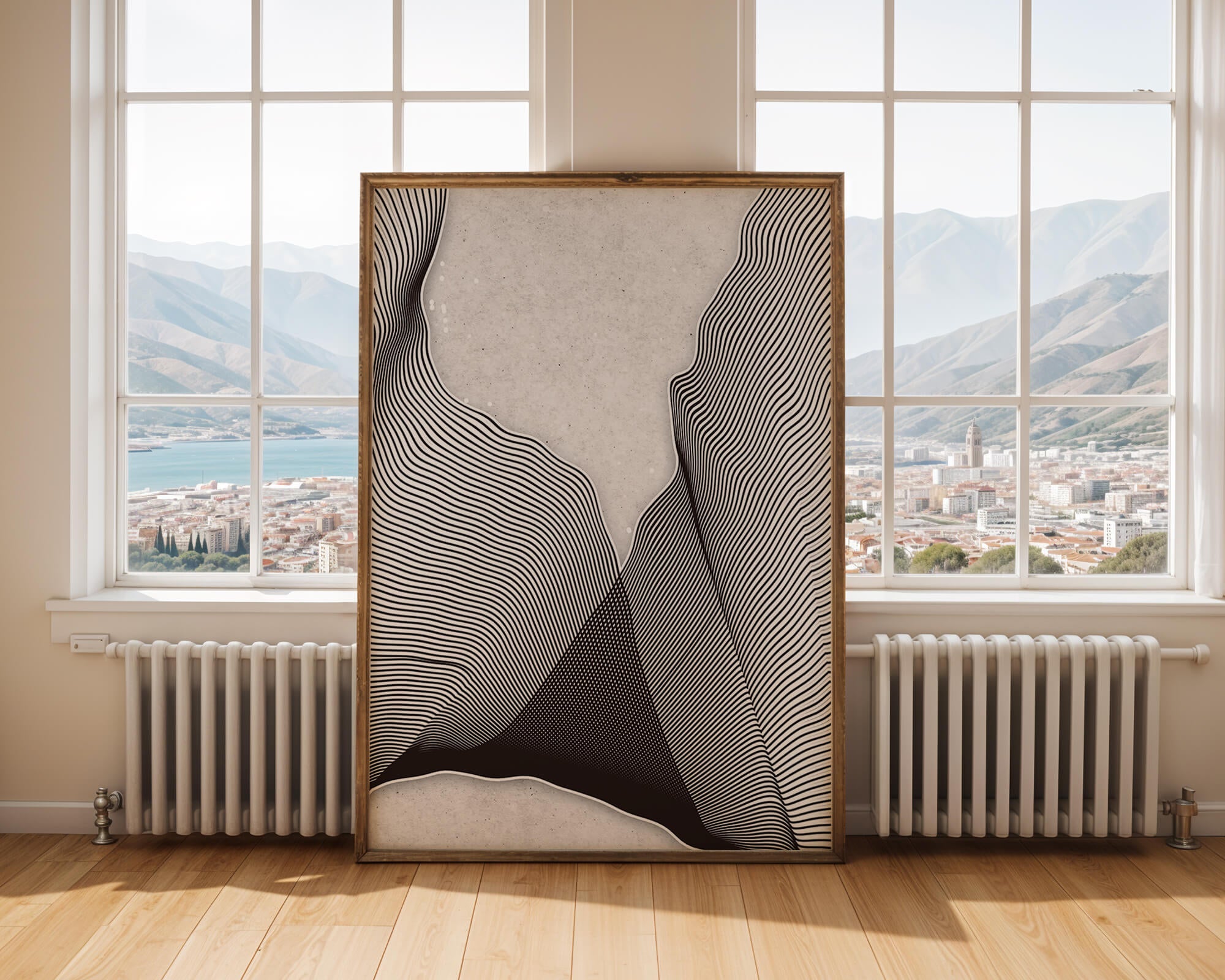 Abstract black and white wave pattern on textured background
