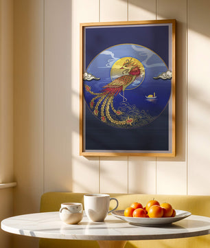 Phénix doré aux plumes éclatantes dans un décor marin mystique
