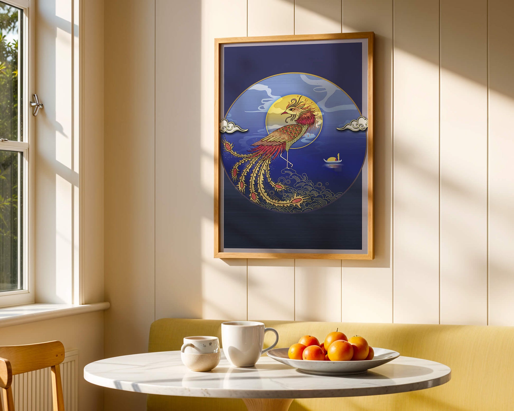 Golden Phoenix with Vibrant Feathers in Mystical Sea Setting