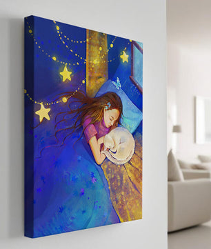 Chica durmiendo con un gato bajo un cielo estrellado