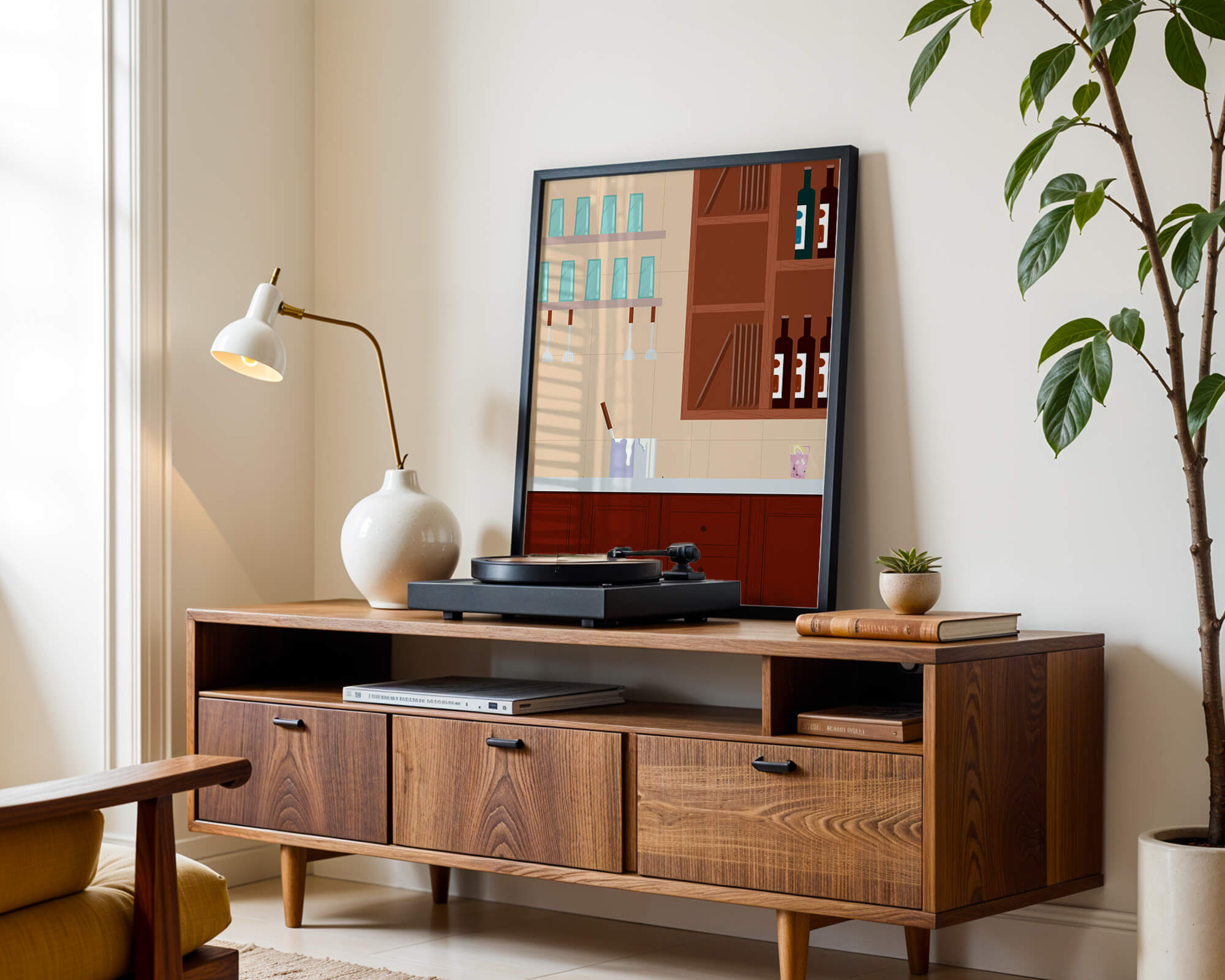 Modern kitchen interior with wooden cabinets and glass shelves