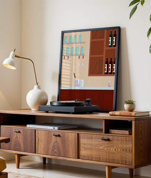Interior de cocina moderna con gabinetes de madera y estantes de vidrio
